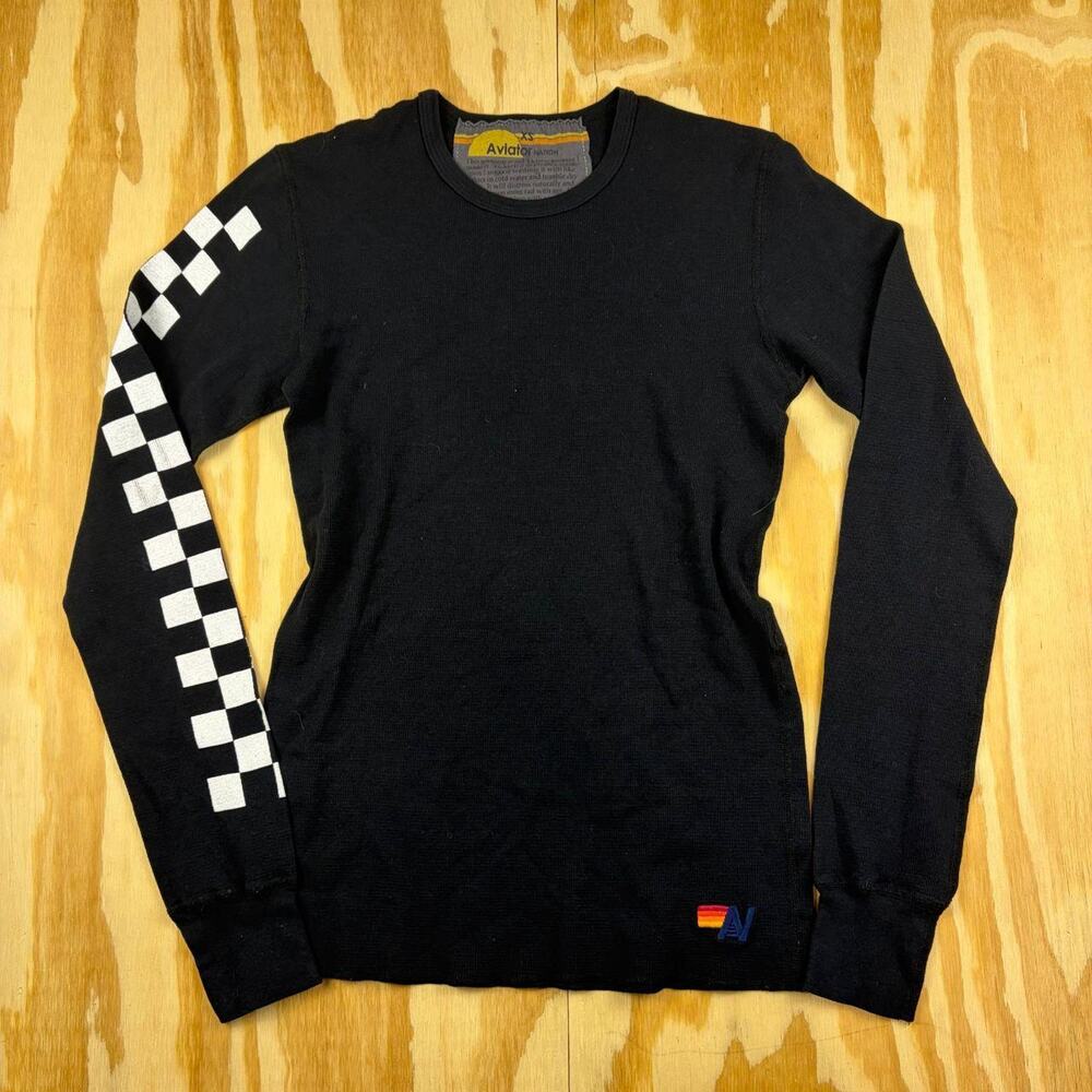 Aviator Nation Thermal Long Sleeve Shirt – Black Checkerboard Sleeve–Women’s XS